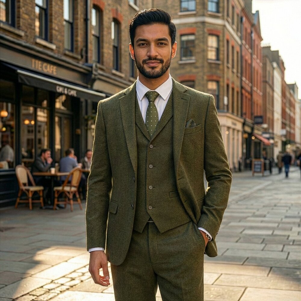 Hybrid Fit Classic Tweed Olive Mens Suit by Sean Alexander